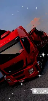 Red truck at sunset with vibrant sky.