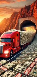 Red truck driving through a tunnel filled with cash.