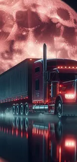 Red truck under a vibrant moonlit sky reflecting on a wet road.