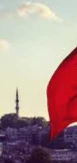 Turkish flag with skyline in background, vibrant and cultural.