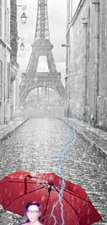 Red umbrella in Paris street with Eiffel Tower backdrop.