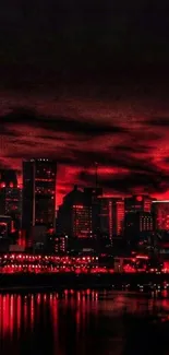 Red urban skyline at night, city lights glow.