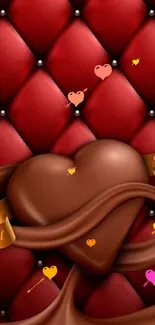 Luxurious red velvet wallpaper with chocolate heart and golden ribbons.