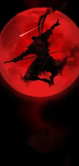 Warrior silhouette against a vibrant red moon.