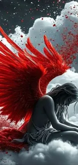 Red-winged angel sitting on clouds with a mystical backdrop.