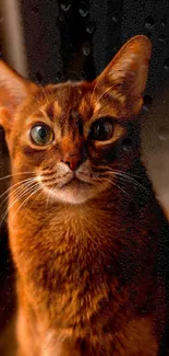 Reddish cat with striking eyes on a black background wallpaper.