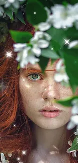 Red-haired girl surrounded by white blossoms.