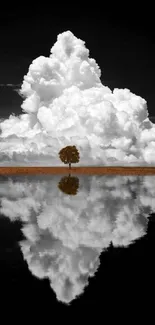 Lone tree reflecting under large clouds on a calm water surface.