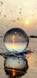 Reflective sphere in water with sunset background, artistic photo.