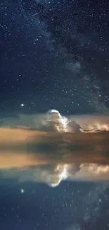 Sailboat on a reflective lake under a starry night sky.