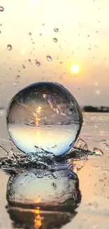Reflective glass sphere with sunset on water.