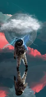 Astronaut standing on reflection under moon with dramatic cosmic background.