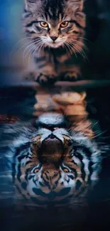 A kitten gazes into a pool, seeing its reflection as a tiger in dark blue hues.