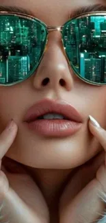 Woman wearing reflective sunglasses showing a cityscape.