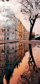 Reflective cityscape with buildings, tree, and cloudy sky.