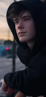 Person in black hoodie gazes out in urban setting.