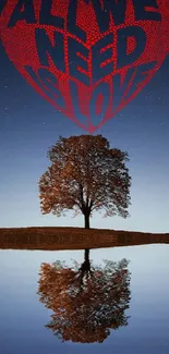 A solitary tree reflects in water, under a starry sky with a heart-shaped love message.