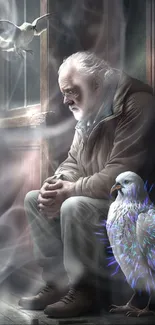 Elderly man sitting contemplatively with two doves in a dimly lit room.