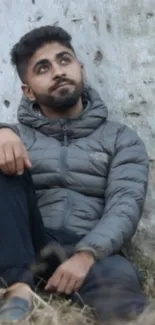 Man in grey jacket sitting against a tree, looking reflective.