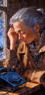 Elderly woman pondering by a window with vintage phone.