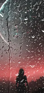 Moonlit scene with raindrops and silhouetted figure in red glow.