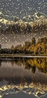 Snowcapped mountains reflected in a tranquil lake with forest in autumn hues.