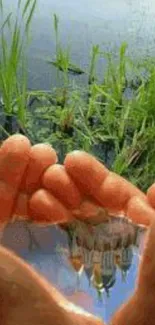 A reflective scene with hands cupping water, surrounded by lush green grass.