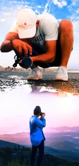 Reflective photography wallpaper featuring photographers in scenic nature.