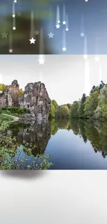 Rock formations by a reflective river under a starry night sky.