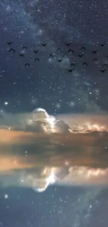 Reflective night sky with stars and birds.