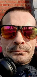 Man wearing sunglasses and headphones against a brick wall.