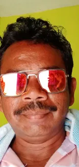 Portrait of a man wearing reflective sunglasses against a lime green background.