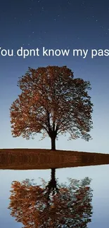 Tree reflected in water under a starry night sky with text overlay.