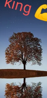 Tree reflecting in water under starry night sky with 'king' text and muscle emoji.