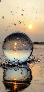 Reflective water sphere with sunset background, perfect for mobile wallpaper.