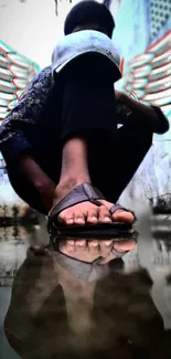 Crouching figure with wings reflecting on water.