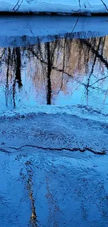 Serene winter river reflecting trees with blue hues.