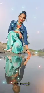 Woman in blue outfit by a reflective lake with serene background.