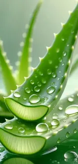 Close-up of aloe leaves with dew drops.
