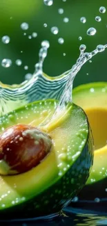 Avocado halves with water splash in vibrant colors.