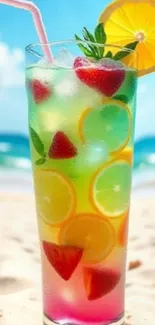 Colorful beach cocktail with fruit slices on a sandy beach.