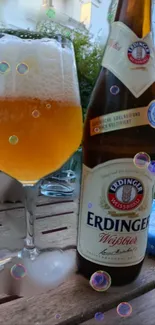 Golden beer with bubbles on an outdoor table.