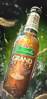 Beer bottle splashing into water with leafy hops on green backdrop.