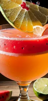 Refreshing drink with watermelon and citrus slices in a goblet.