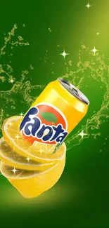 Citrus drink can with lemon slices and splash on green background