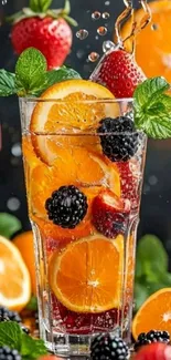 Glass of refreshing citrus fruit splash with oranges and berries.