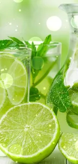 Lime and mint in a glass and pitcher refreshing wallpaper.