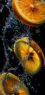 Slices of citrus fruit splashing in water on a black background.