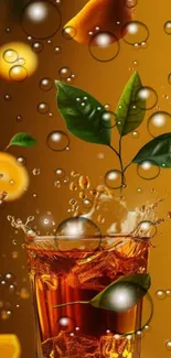 A lively orange citrus splash with leaves and bubbles.