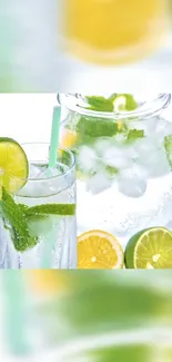 Refreshing citrus drink with mint, lemon, and lime in a glass.